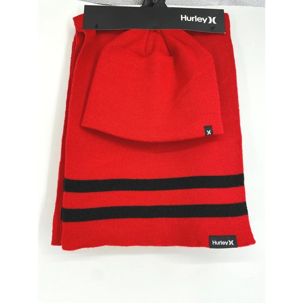 Hurley New Yorker Beanie & Scarf Set Red Black Striped Knit Winter Hat‎